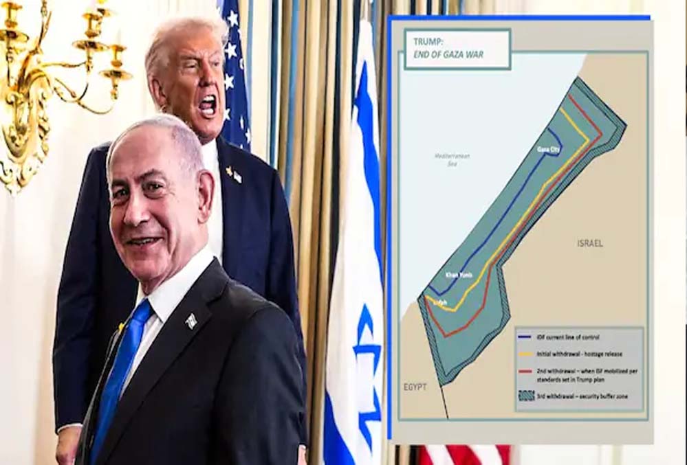 गाज़ा-इज़रायल बॉर्डर पर बफर ज़ोन की तैयारी, ट्रंप के नक्शे में क्या कहती हैं नीली, पीली और लाल रेखाएं?