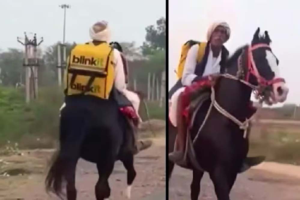 ‘रॉयल डिलीवरी’ का मजेदार वीडियो, Blinkit वाले अंकल घोड़े पर बैठकर ऑर्डर लेकर पहुंचे