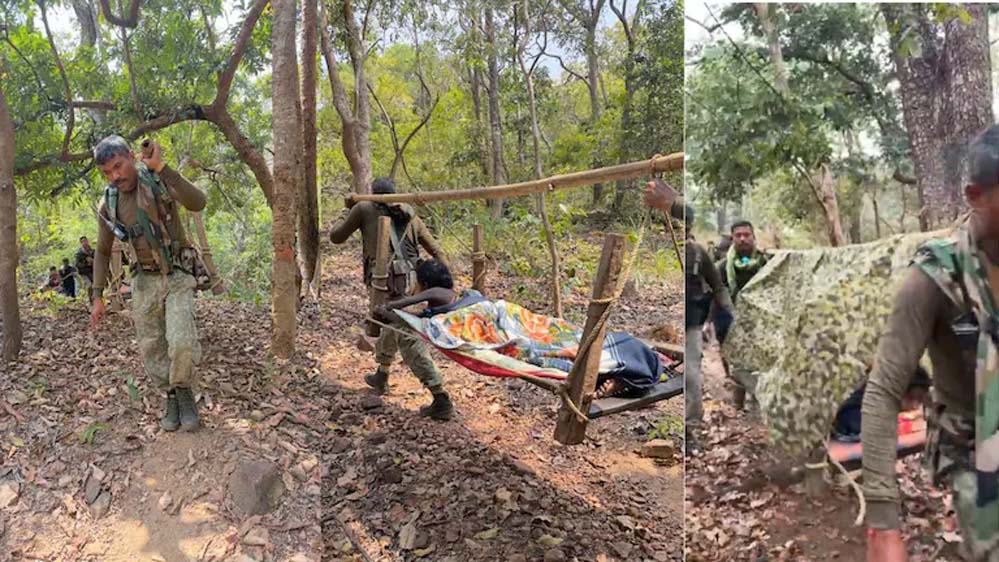 नक्सलगढ़ पुरंगेल में सुरक्षाबलों का साहसिक प्रयास, आग से झुलसी महिला को चारपाई के सहारे सुरक्षित स्थान पर पहुँचाया